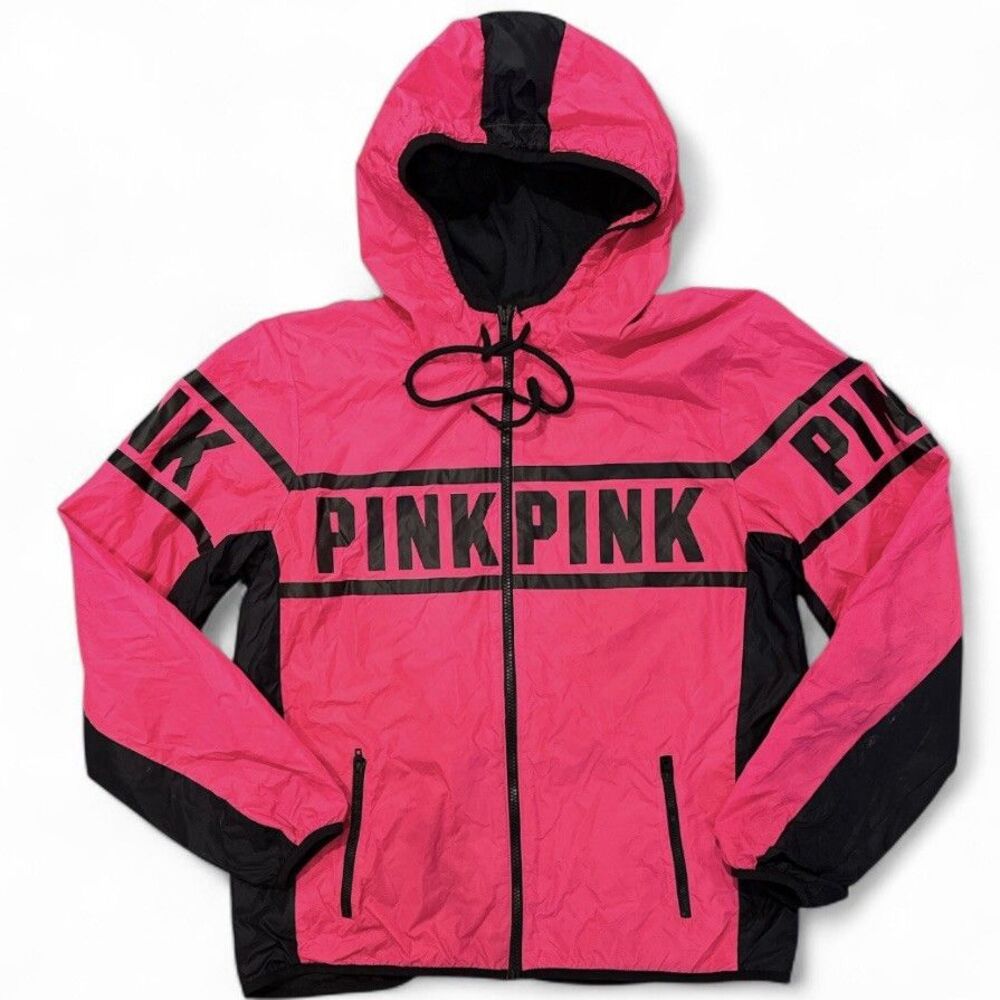 Victoria’s Secret PINK Windbreaker Jacket M/L Neon Pink Black Full Zip Hooded